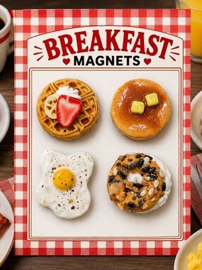 Breakfast Food Magnet Set of 4 | Handmade Waffle, Pancake, Egg, Everything Bagel